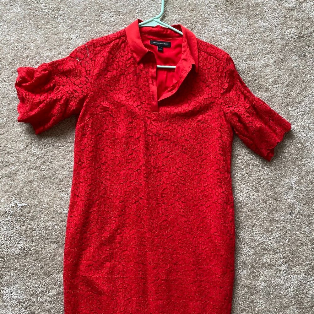 Banana Republic Bright Red Lace Collared Short Sleeve Dress Size SP